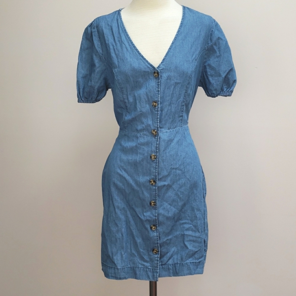 Dizzire Blue Chambray Short Sleeve Button Front Mini Dress, Size Medium